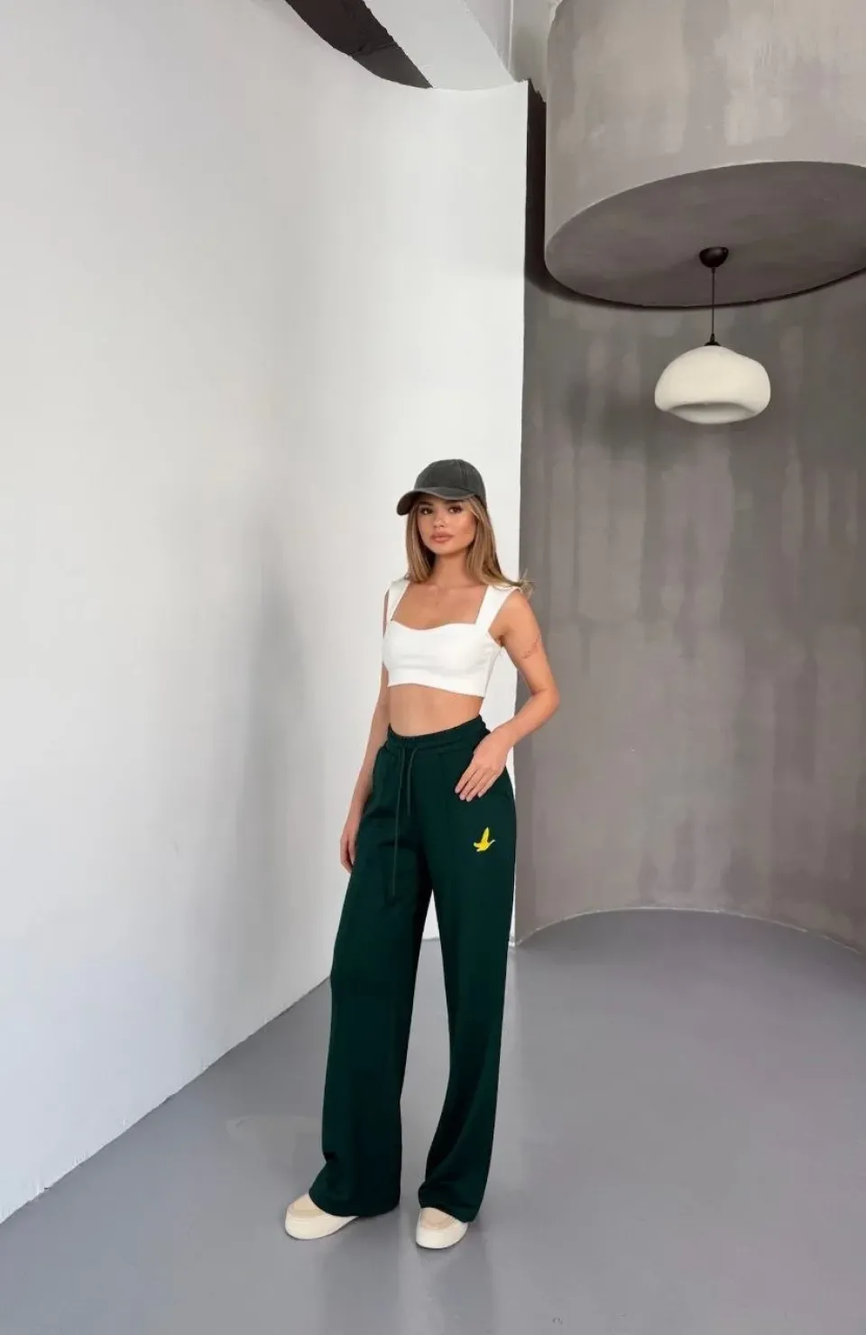 Osy Modal Yumuşak Dokulu Kumaş Nakış işlemeli Rahat Bol Paça Eşofman Pantalon - Yeşil