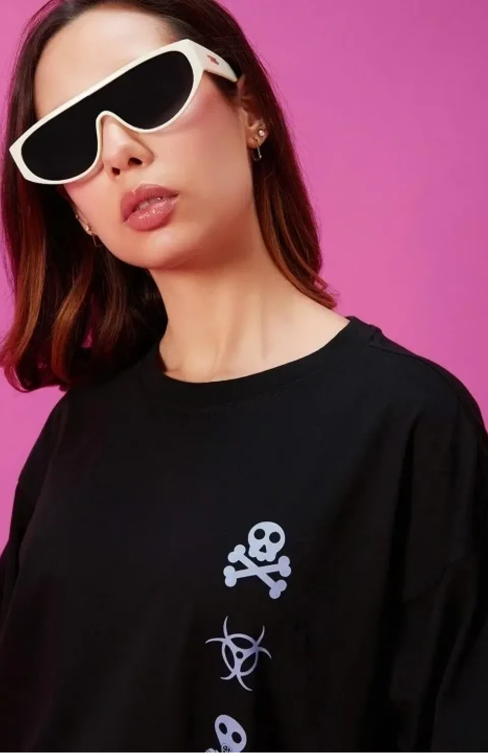 Kadın Baskılı Oversize T-shirt - Siyah