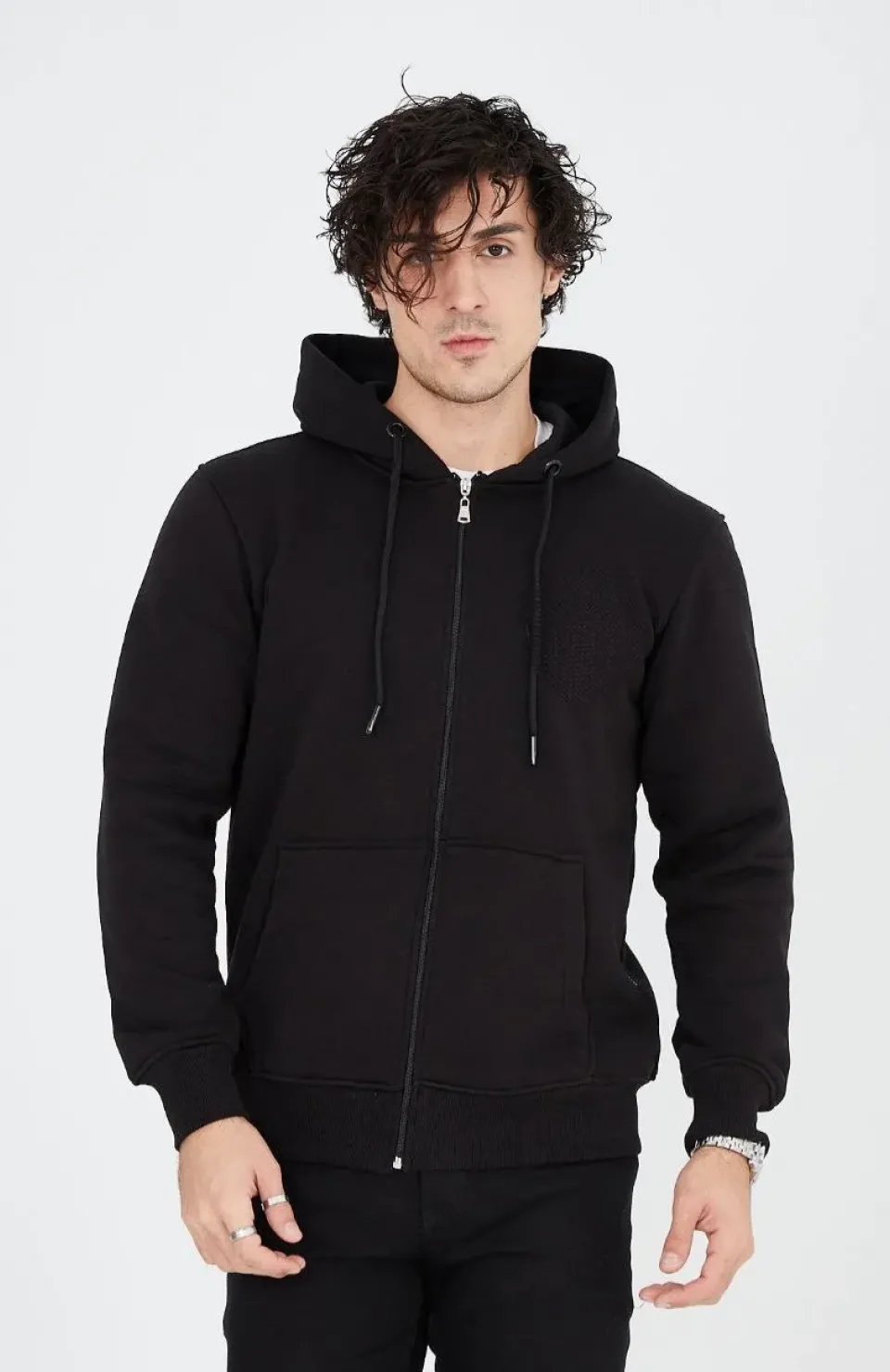 Unisex Tam Fermuarlı Kapşonlu  SweatShirt - Siyah