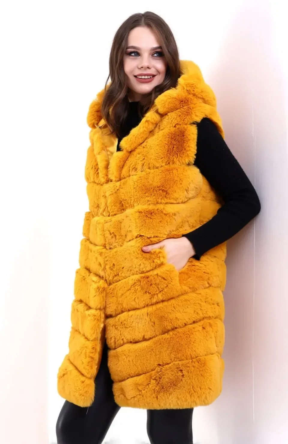 Kadın Reks Kapüşonlu Yelek - Sarı