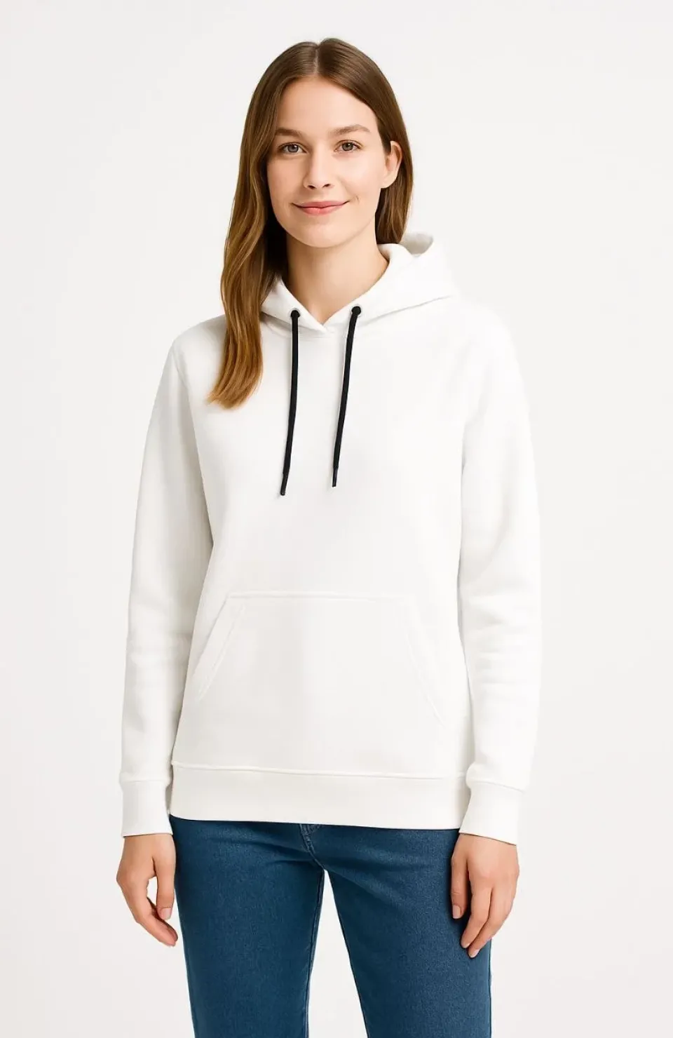 Kadın Üç İplik Kapüşonlu Kanguru Çepli SweatShirt hoodie - Beyaz
