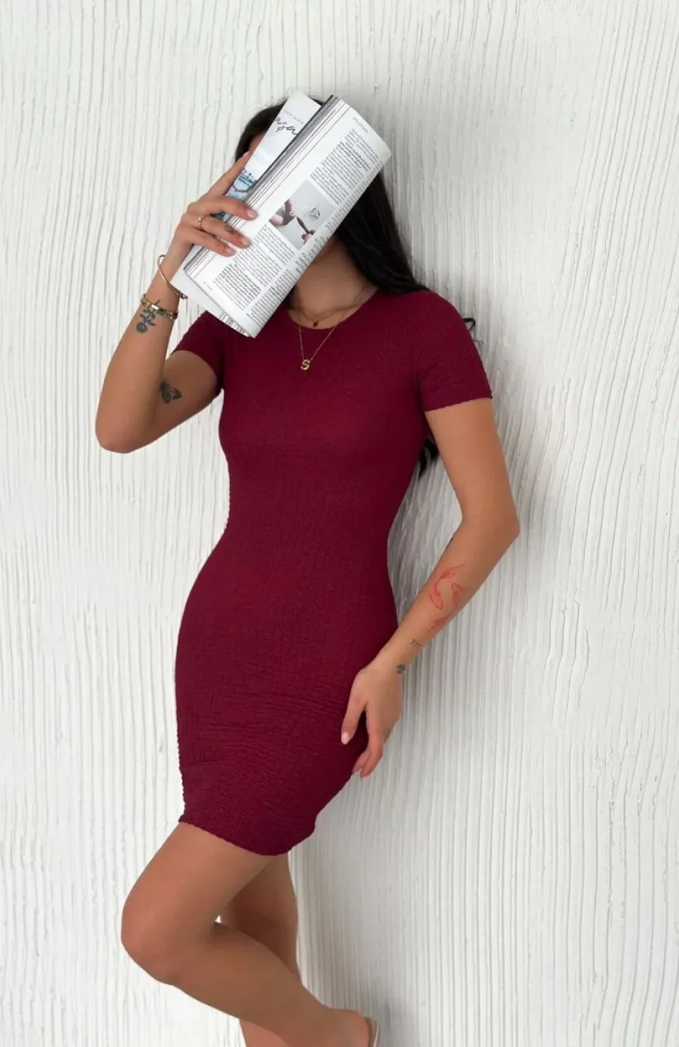 Kadın Bisiklet Yaka Kısa Kol Likralı Elbise - Bordo