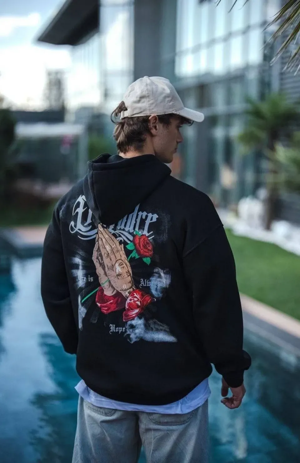 Üç İplik Penye Kapşonlu Baskılı SweatShirt - Siyah