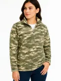 Kadın Yarım Fermuarlı Desenli Polar Sweat – Haki Kamuflaj Yakalı, Uzun Kollu, Oversize Rahat Kalıp - Haki