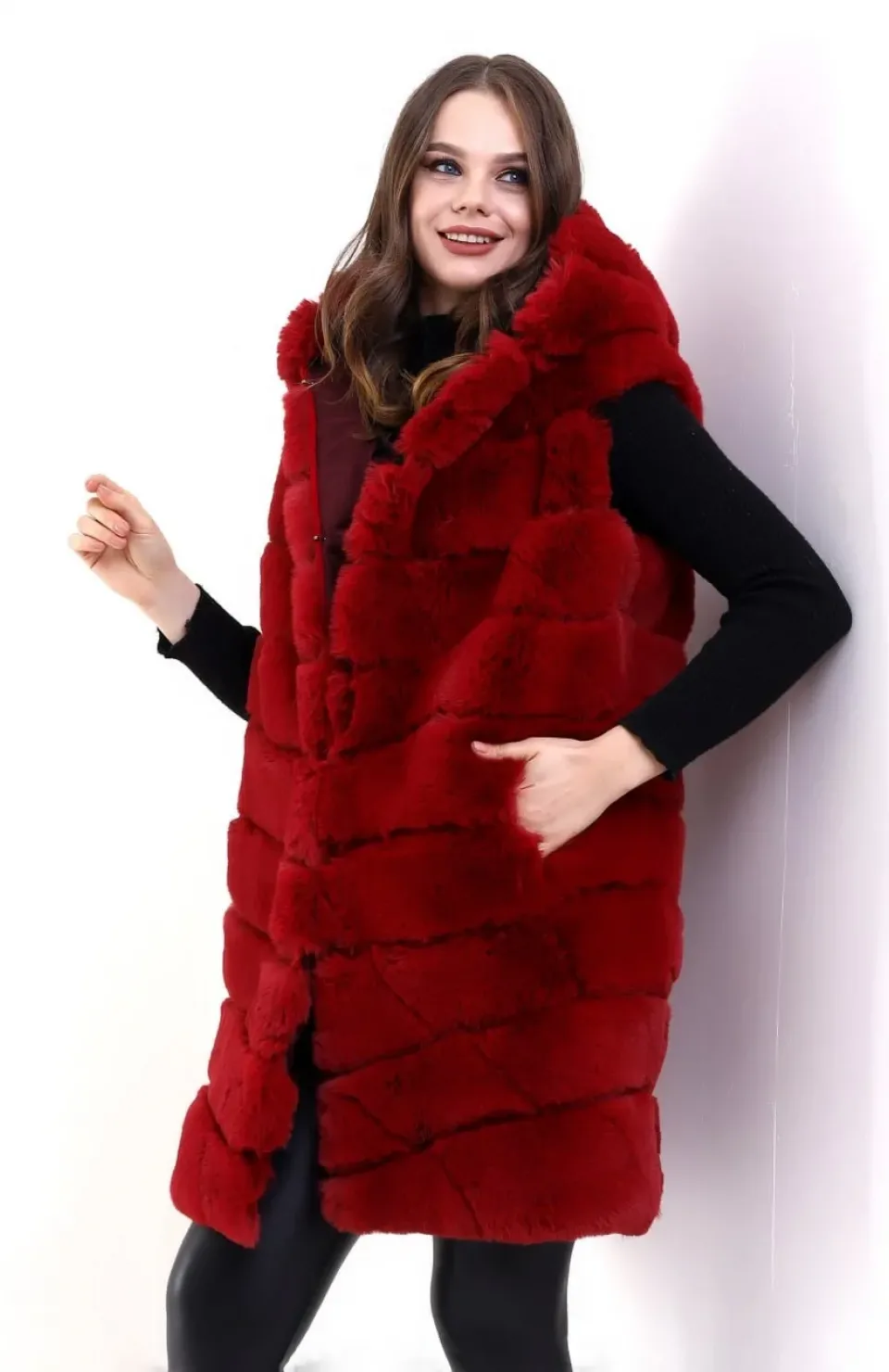 Kadın Reks Kapüşonlu Yelek - Kırmızı