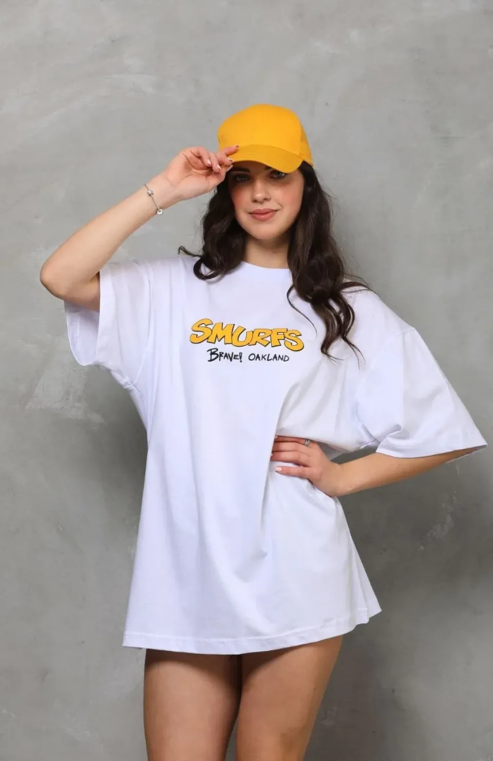 Unisex Bisiklet Yaka Baskılı Oversize T-Shirt - Beyaz