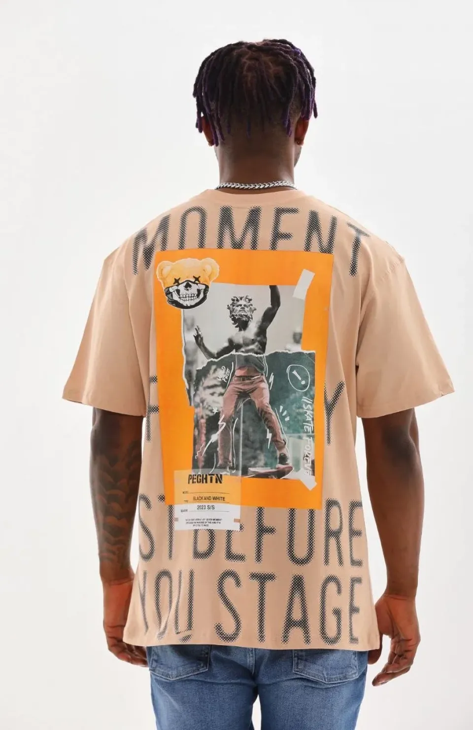 Unisex Baskılı Oversize T-Shirt - Bej