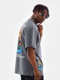 Unisex Bisiklet Yaka Baskılı Oversize T-Shirt - Gri