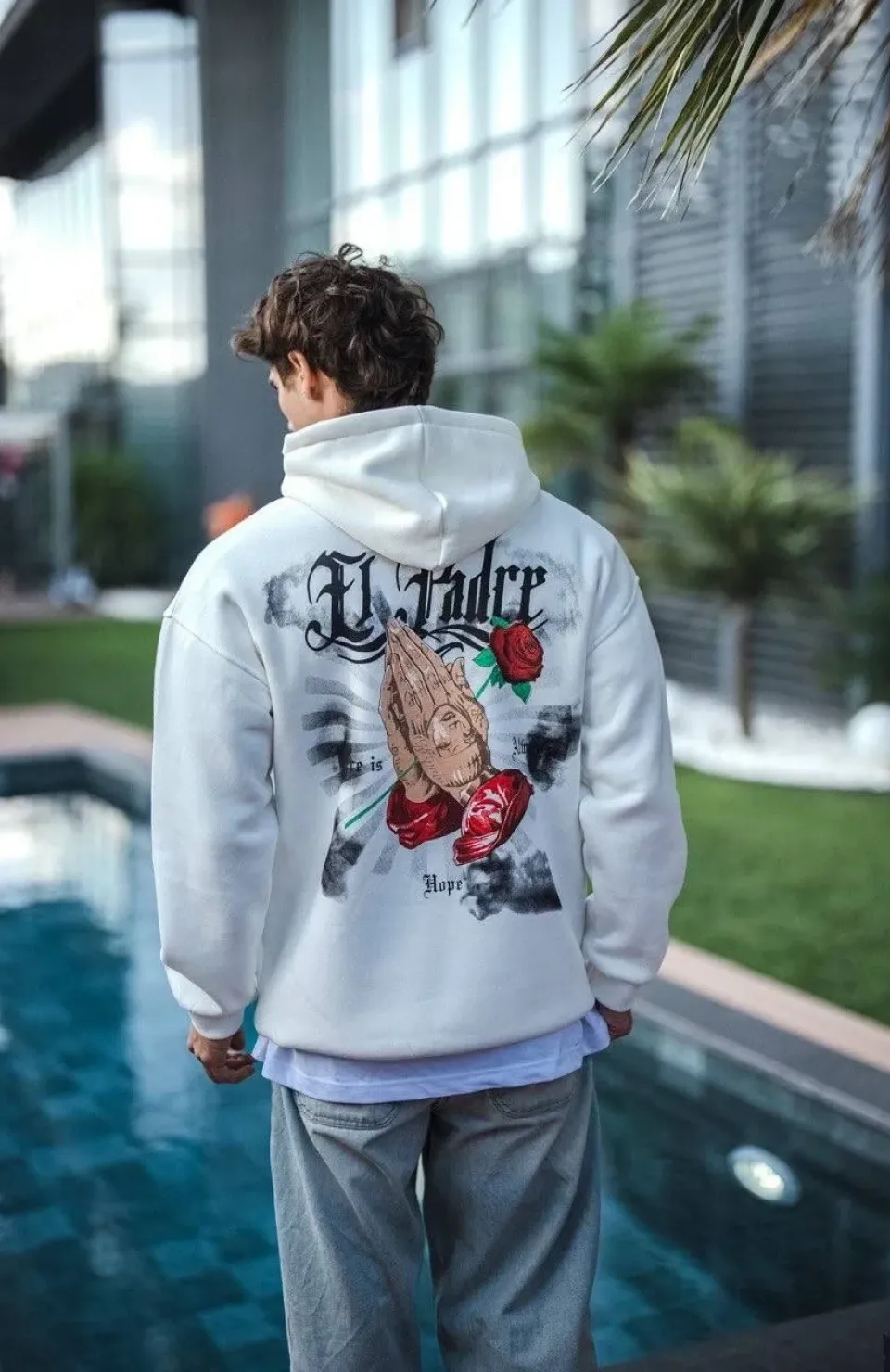 Üç İplik Penye Kapşonlu Baskılı SweatShirt - Beyaz