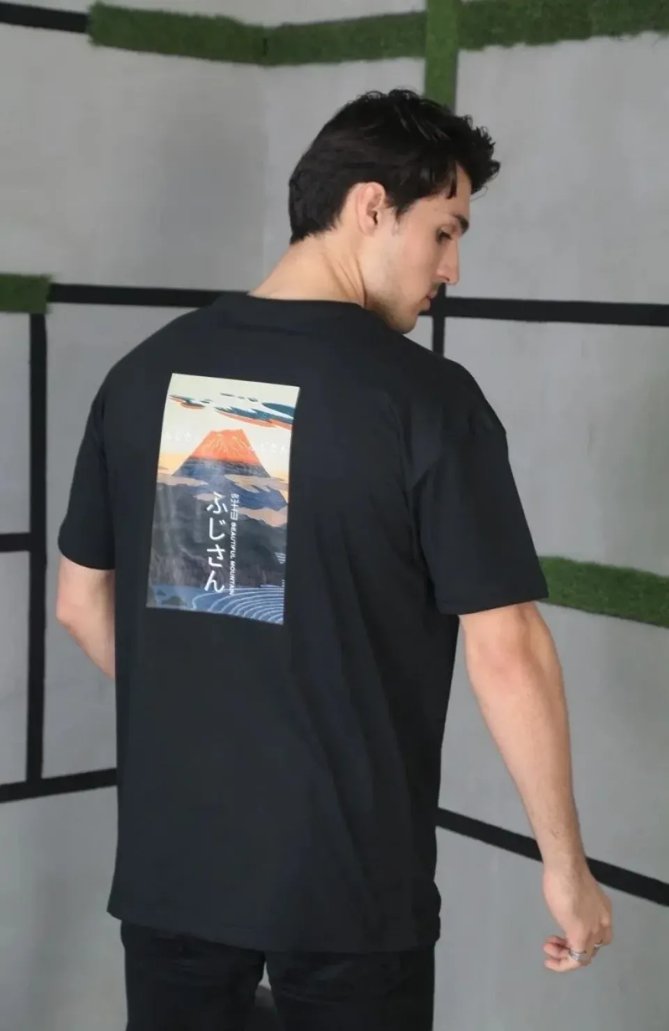 Unisex Bisiklet Yaka Baskılı Oversize T-Shirt - Siyah