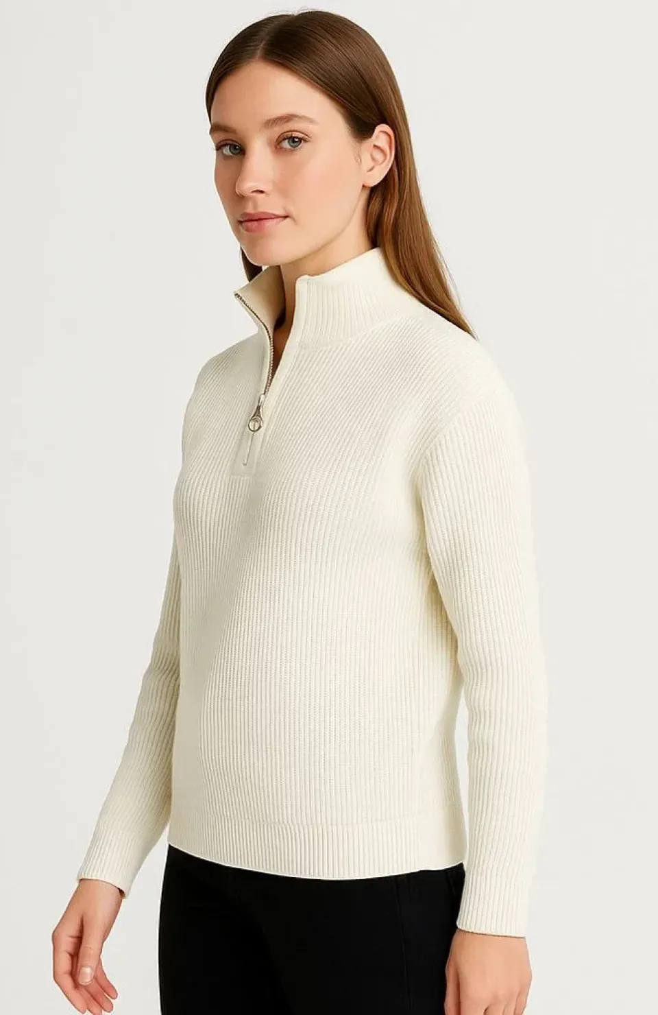 KADIN Yarım Fermuarlı Triko Kazak – Selanik Örgü, Dik Yaka, Pamuklu Dokuma, Oversize Uzun Kollu Kışlık Model - Beyaz Somersan Giyim | Kadın, Erkek ve Çocuk Moda