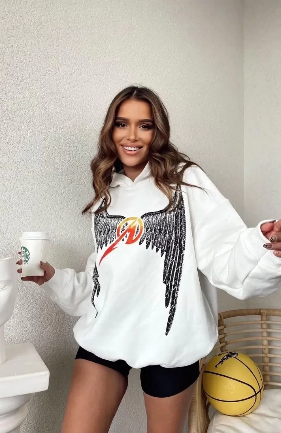 Kadın Baskılı Kapüşonlu Sweat - Beyaz