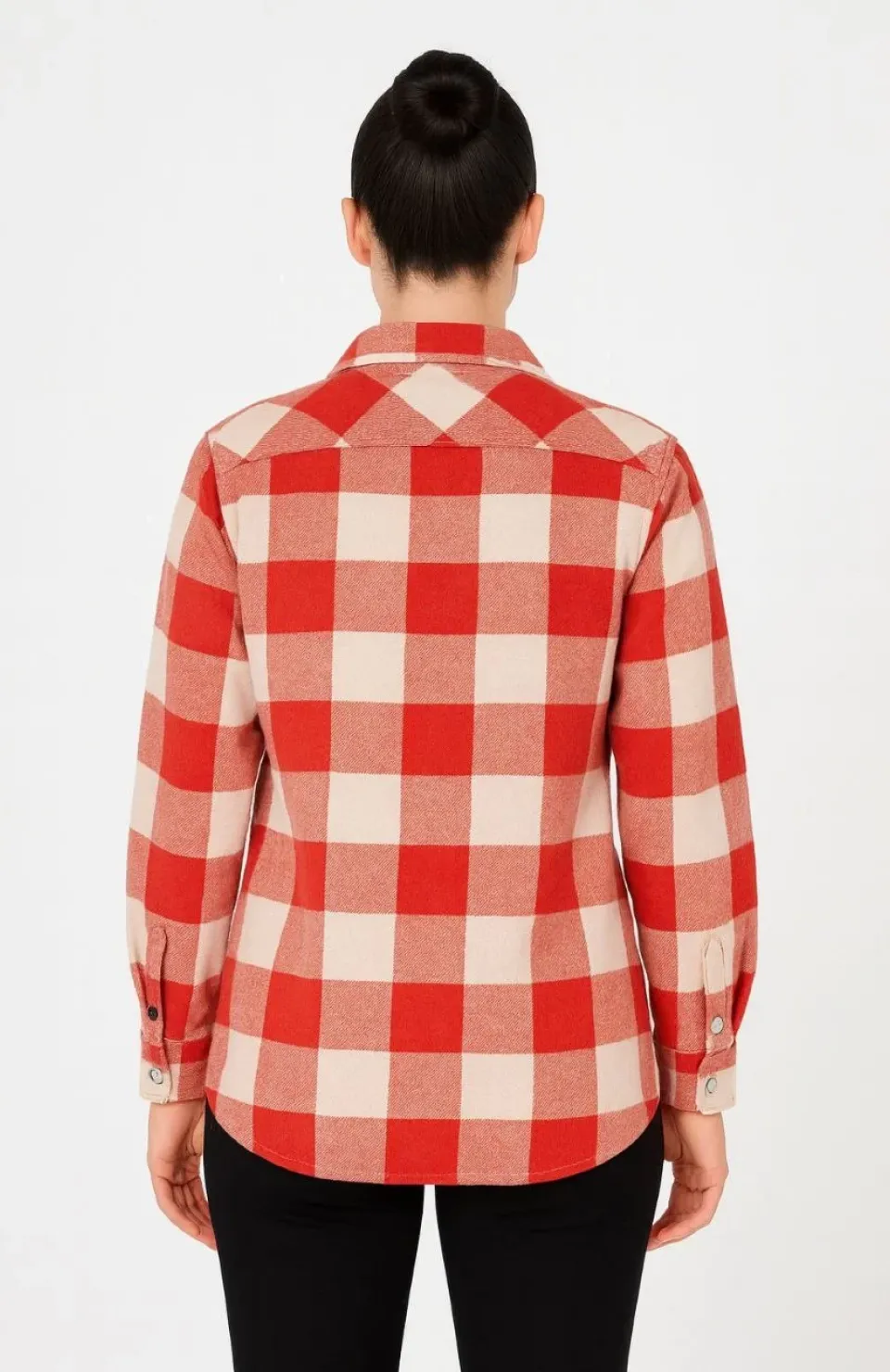 Kadın Oduncu Gömlek – Uzun Kollu, Şardonlu Kumaş, Kırmızı Beyaz Kareli Desen, Regular Fit, Çift Cepli, Manşetli Günlük Şık Stil - Bordo