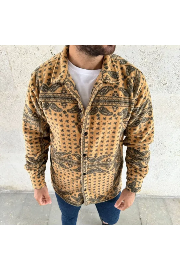 Erkek Desenli Düğmeli Polar Gömlek – Hardal Paisley Desen Yakalı, Uzun Kollu, Oversize Rahat Kalıp - Sarı