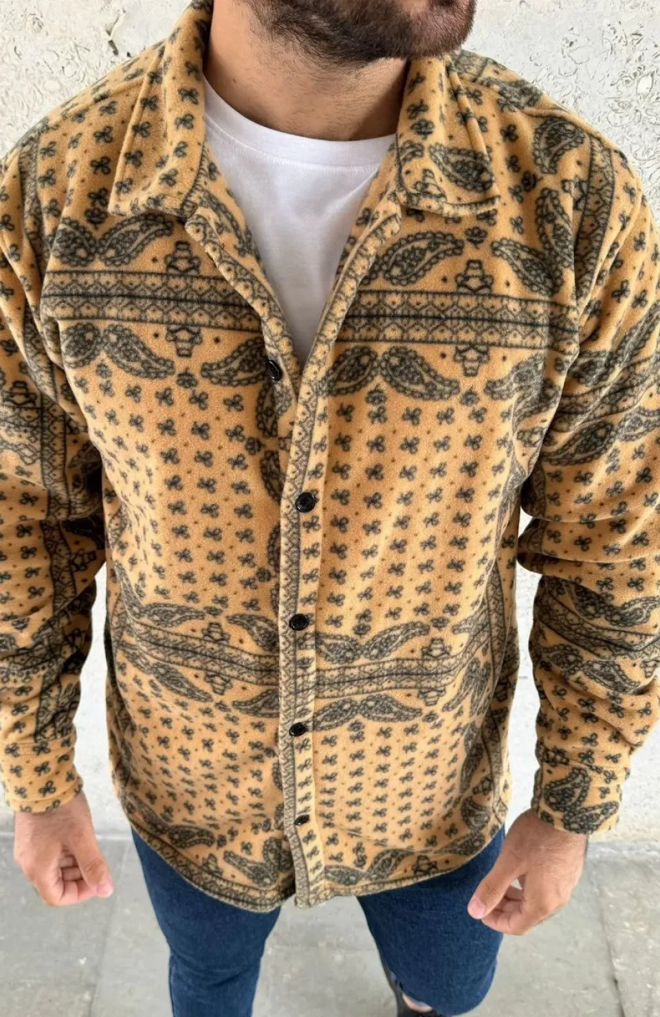Erkek Desenli Düğmeli Polar Gömlek – Hardal Paisley Desen Yakalı, Uzun Kollu, Oversize Rahat Kalıp - Sarı
