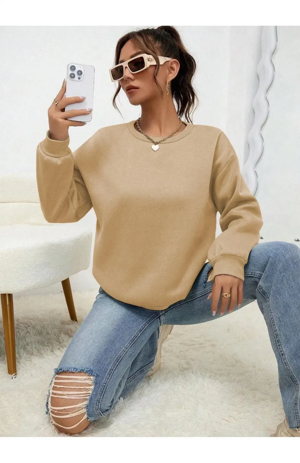 Kadın Düz Bisiklet Yaka Sweat - Bej Somersan Giyim | Kadın, Erkek ve Çocuk Moda