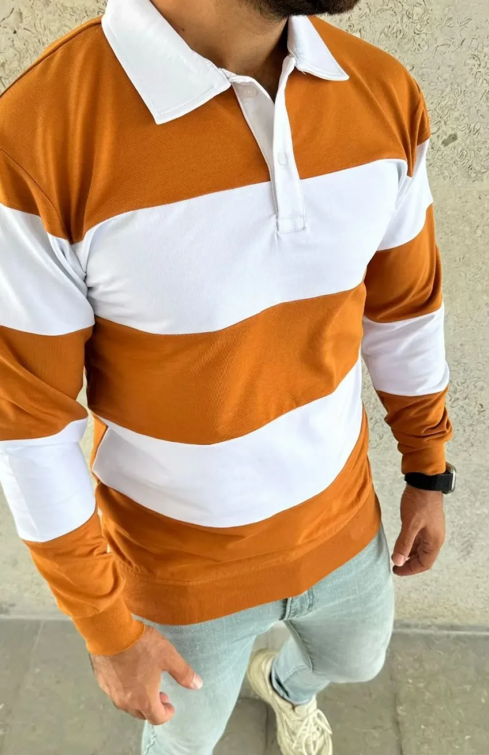 Erkek Polo Yaka Uzun Kollu Çizgili Sweatshirt Trend Rugby Stil - Turuncu