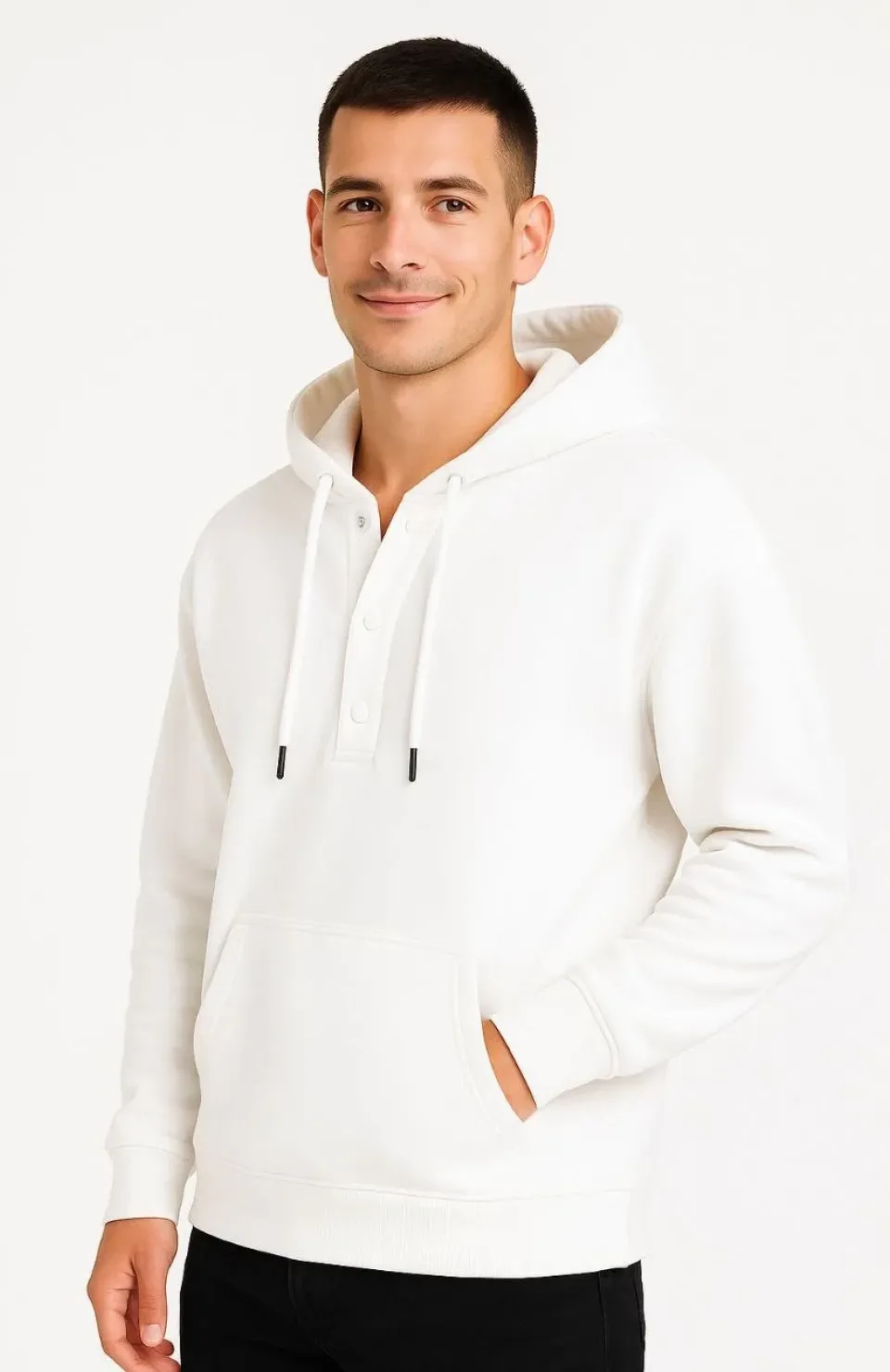 Erkek Ovarsize Kapüşonlu Swetshirt Kanguru Çepli Cıtcıtlı 3 iplik Şardonlu Hoodie - Beyaz