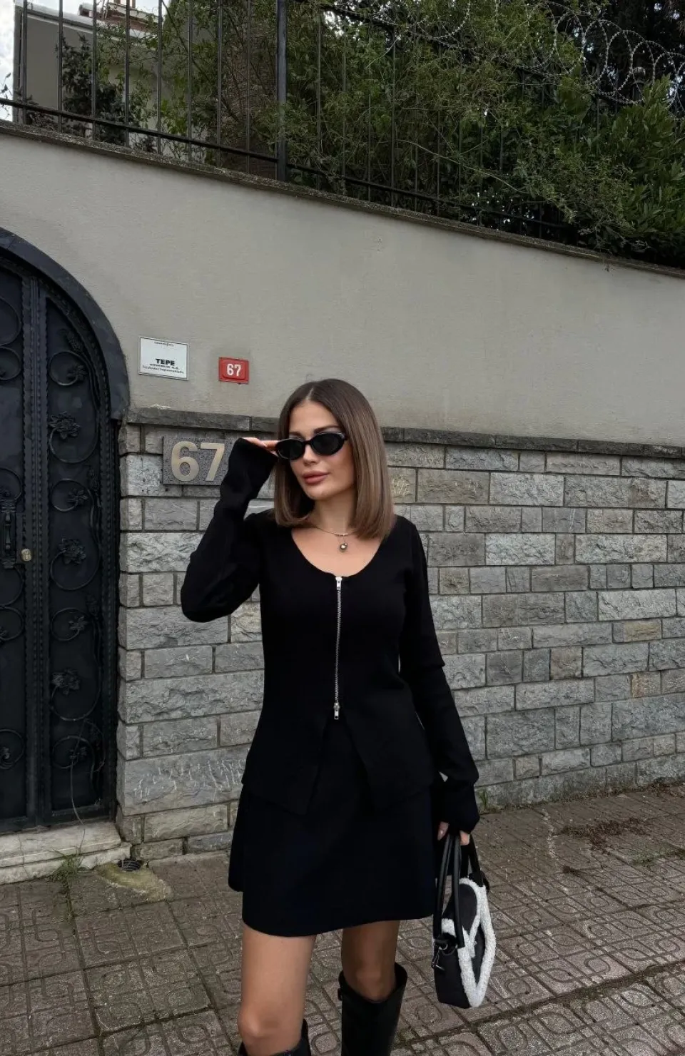 İkili Fermuarlı Hırkalı Etekli Takım - Siyah