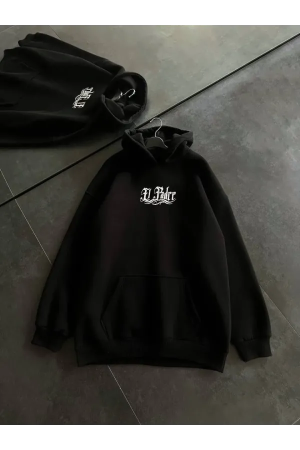 Üç İplik Penye Uzun Kol Kapşonlu Baskılı SweatShirt - Siyah
