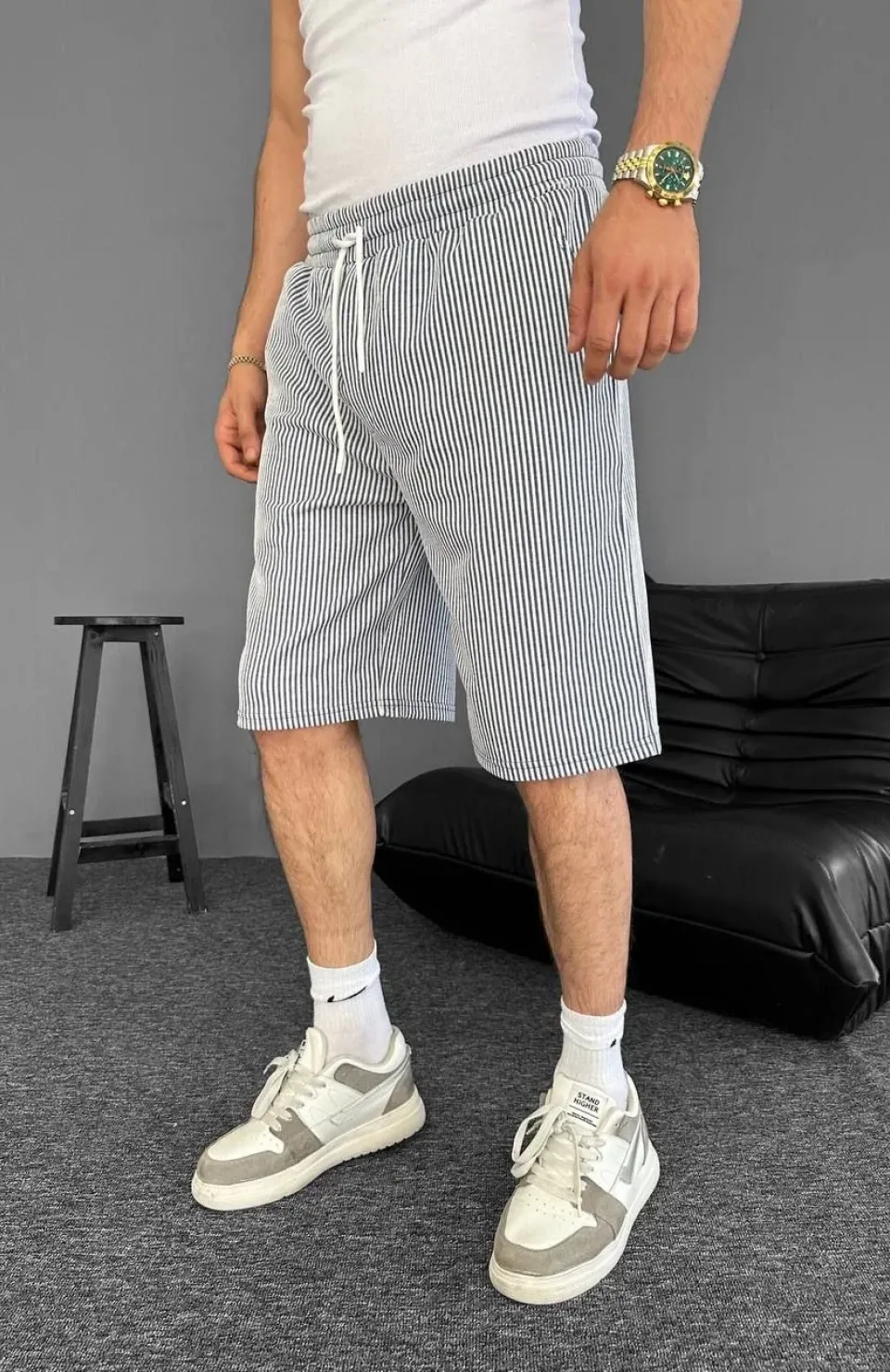 Su Yolu Çizgili Ön Arka Cepli Şort Yazlık Nefes Alabilir - Gri