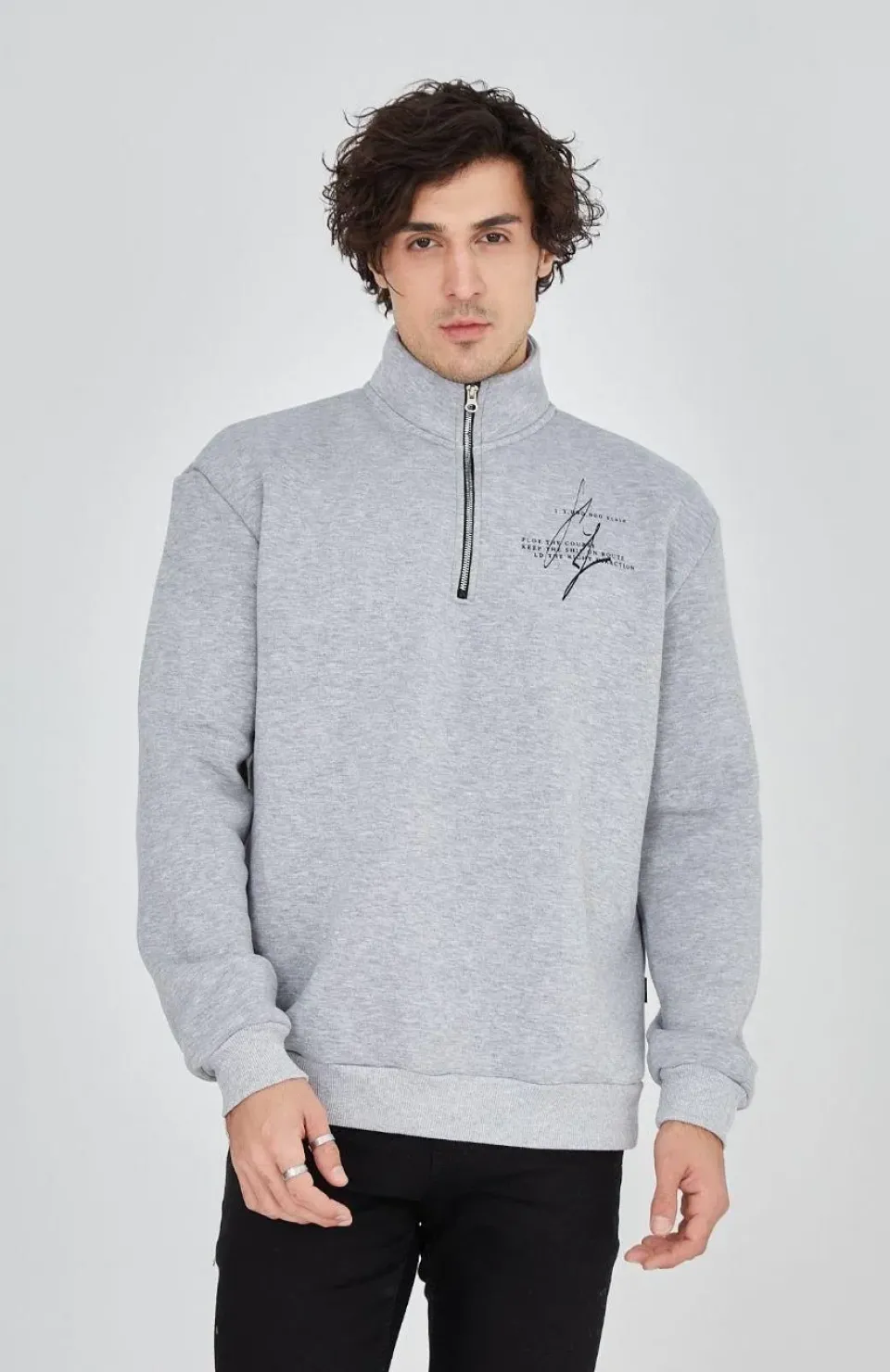 Erkek Yarım Fermuarlı Baskılı Sweat - Gri