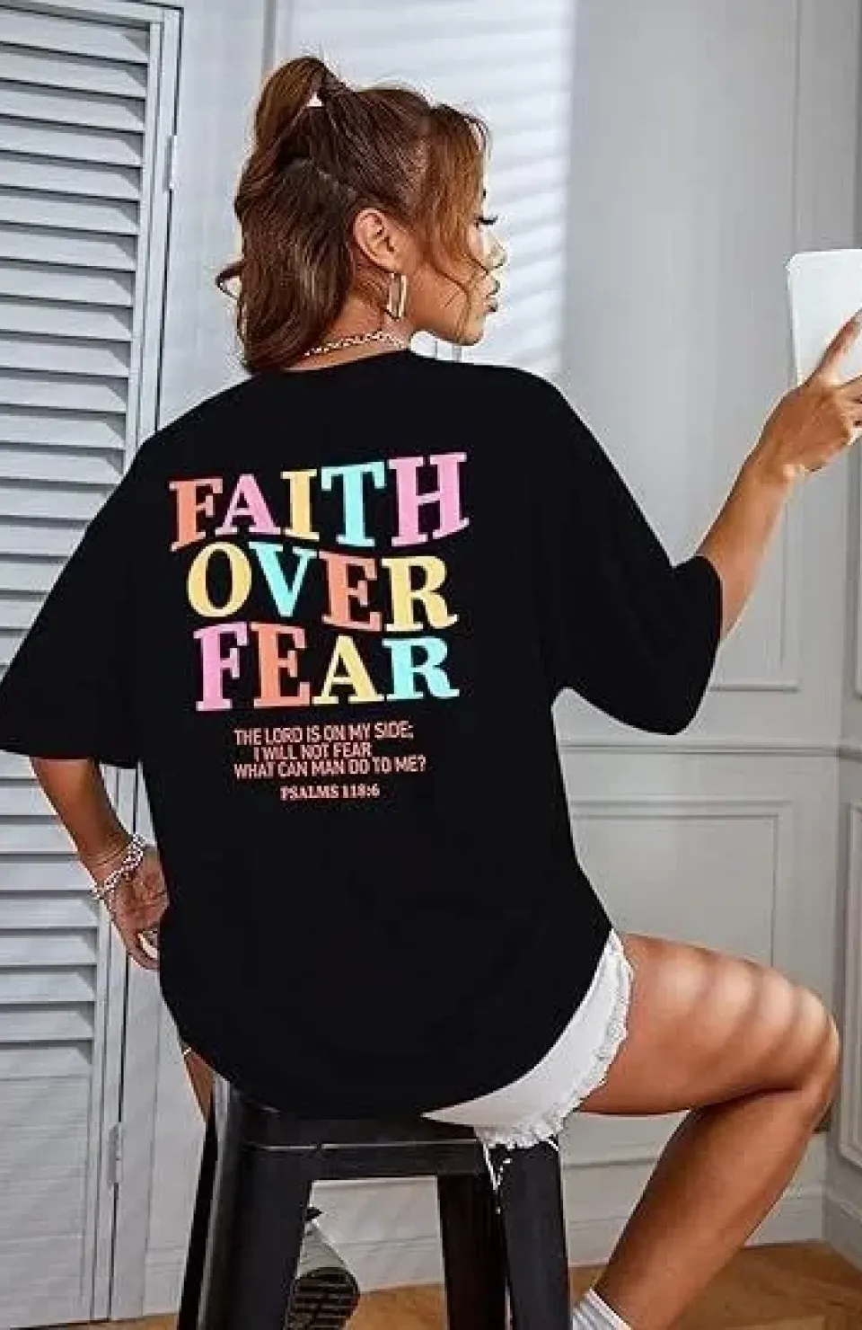 Kadın Bisiklet Yaka Baskılı T-shirt - Siyah