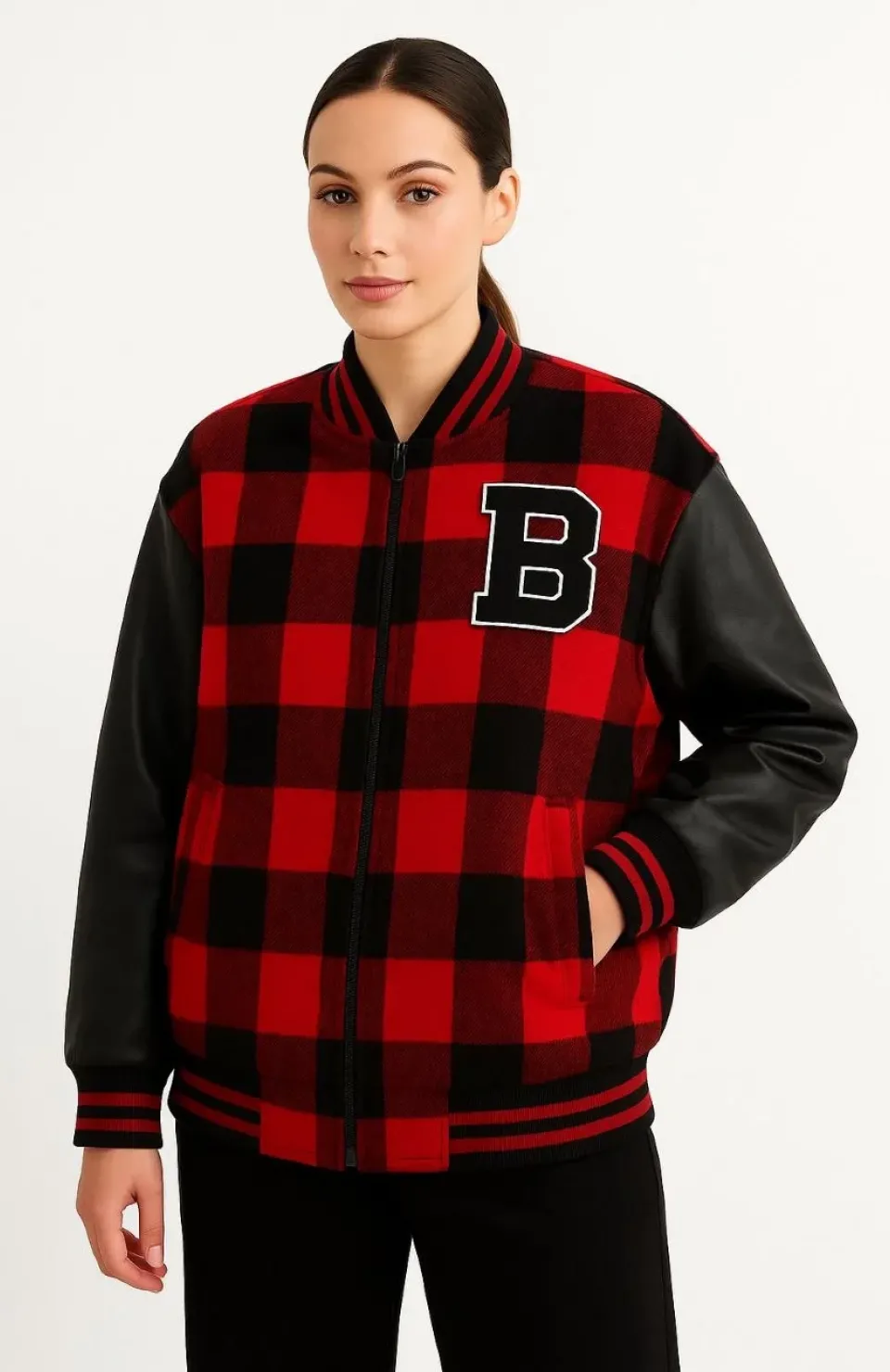 Kadın Kolej Ceket – Kareli Oduncu Kumaş, Kolları Suni Deri, Fermuarlı, İçi Kapitone Astarlı, Nakışlı Oversize Bahar & Kış Stil - Bordo