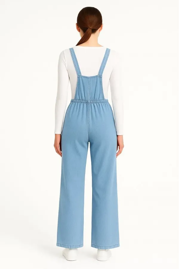 Kadın Chambray Açık Mavi Denim Görünümlü Geniş Paça Salopet Tulum - Mavi