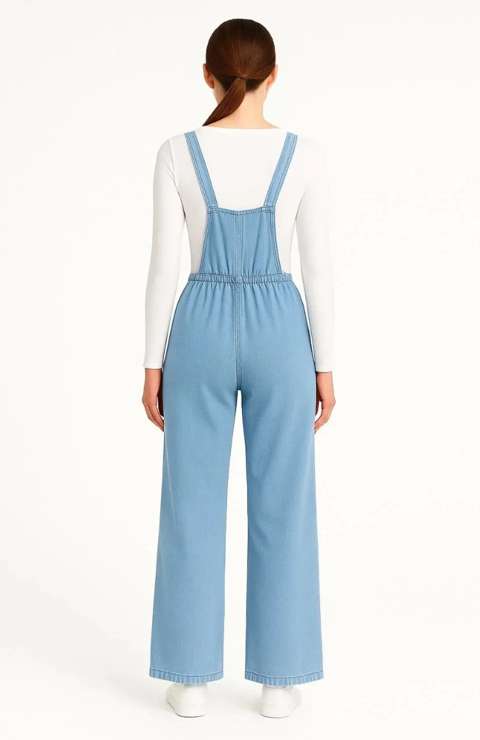 Kadın Chambray Açık Mavi Denim Görünümlü Geniş Paça Salopet Tulum - Mavi