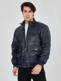 Erkek Fermuarlı İçten Elyaf ve Astarlı Suni Deri Ceket - Lacivert