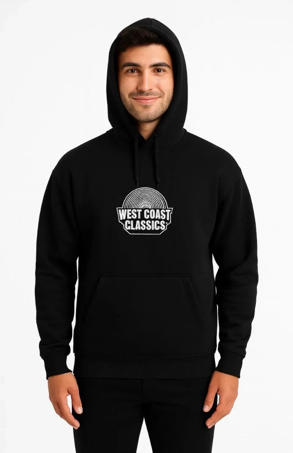 Erkek Kapşonlu Sweatshirt – Oversize Üç İplik Şardonlu Hoodie, “West Coast Classics” Ön & Arka Baskılı, Kanguru Cepli Kışlık Günlük Stil - Siyah