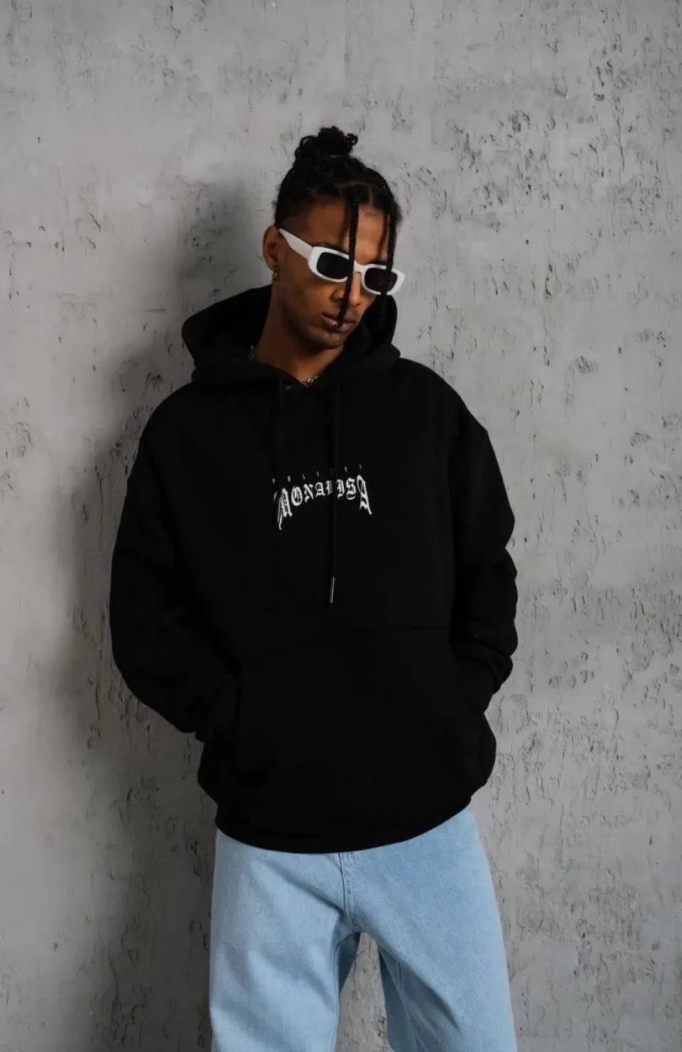 Erkek Baskılı Kapüşonlu ve Kanguru Cepli Sweat - Siyah