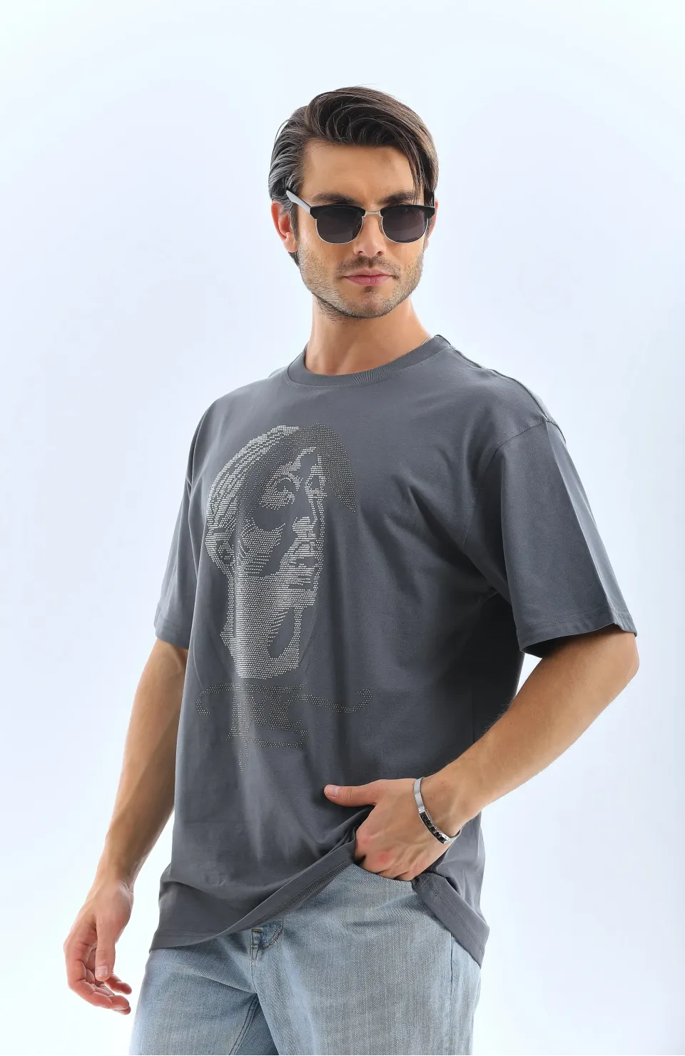 Unisex Oversize Taşlı Bisiklet Yaka T-Shirt - Füme