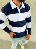 Erkek Polo Yaka Uzun Kollu Çizgili Sweatshirt Trend Rugby Stil - Lacivert