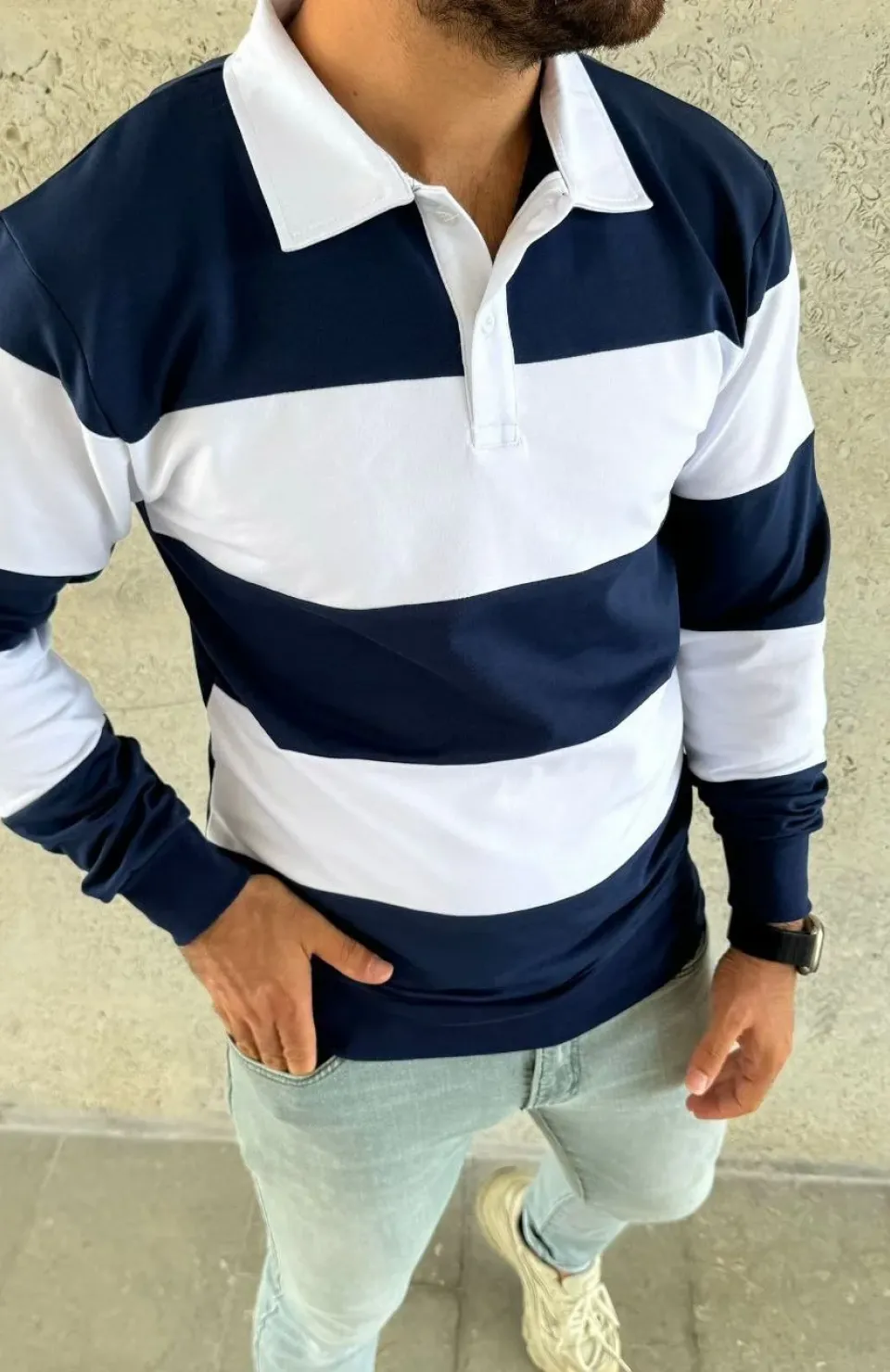 Erkek Polo Yaka Uzun Kollu Çizgili Sweatshirt Trend Rugby Stil - Lacivert