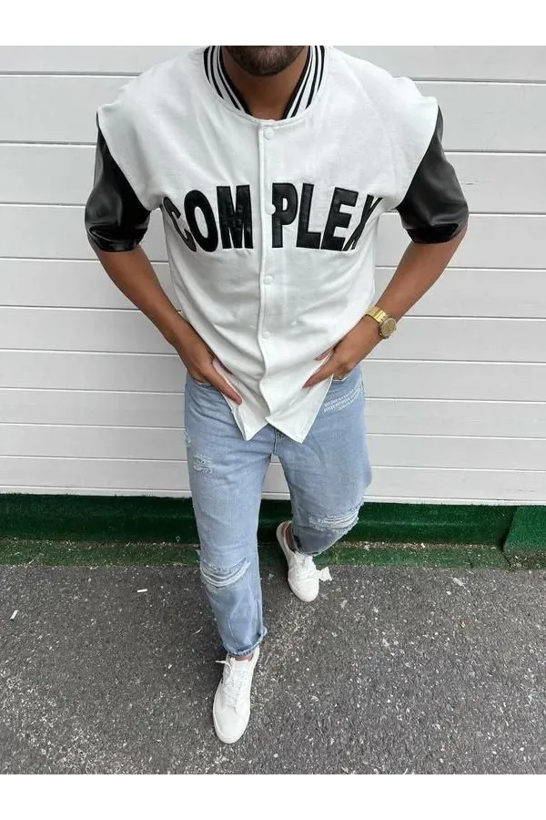 Erkek Complex Kolları Deri Kolej Oversize T-Shirt - Beyaz