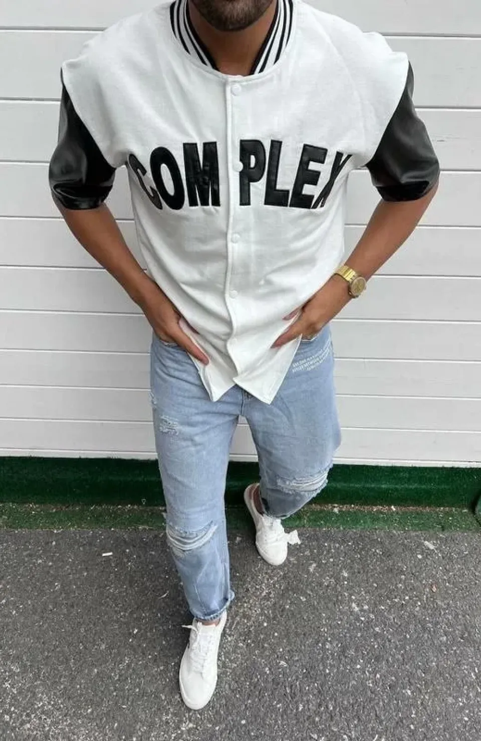 Erkek Complex Kolları Deri Kolej Oversize T-Shirt - Beyaz