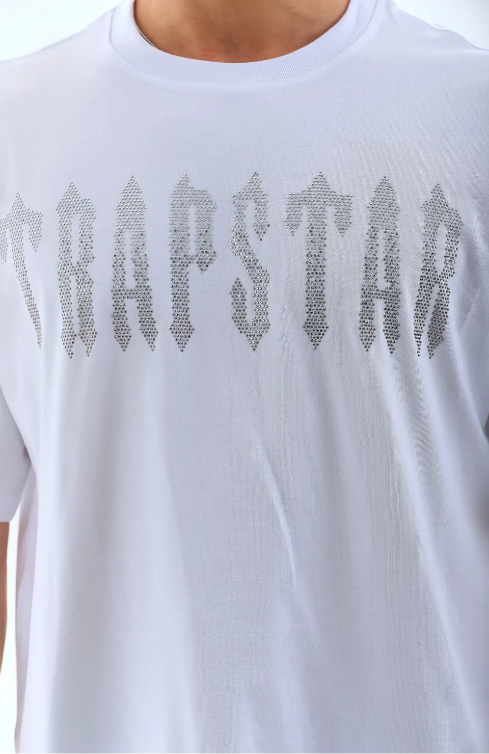 Unisex Oversize Taşlı Bisiklet Yaka T-Shirt - Beyaz