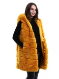 Kadın Kapşonlu Peluş Kürk Yelek Premium Kalite, Tam Astarlı, Uzun Model - Sarı