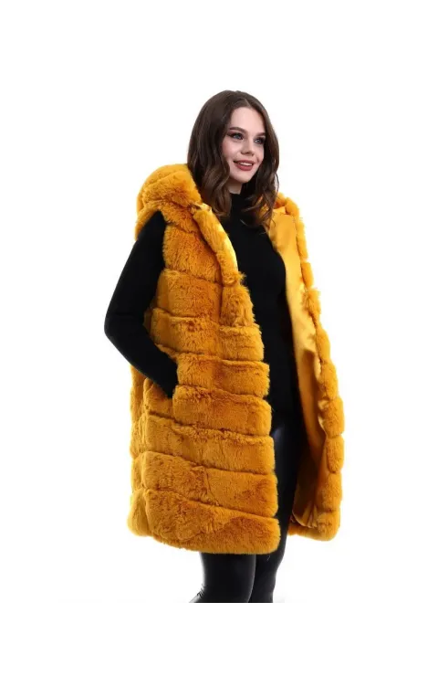 Kadın Kapşonlu Peluş Kürk Yelek Premium Kalite, Tam Astarlı, Uzun Model - Sarı