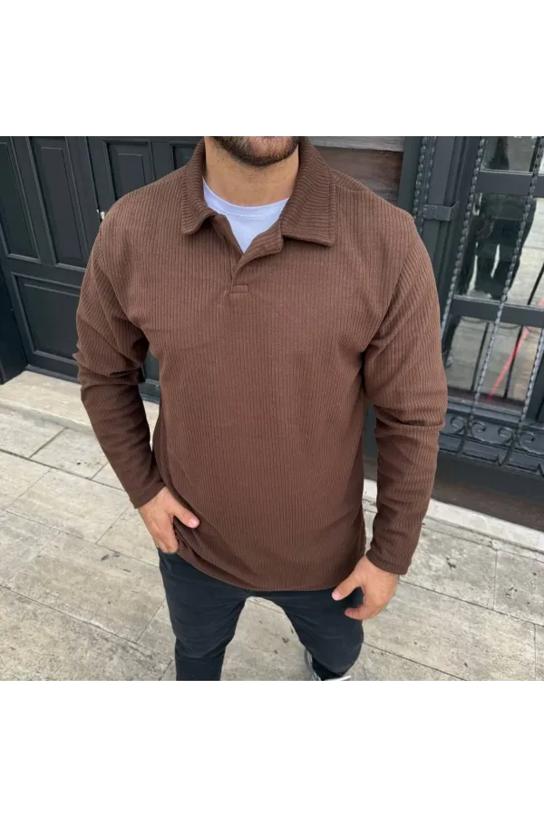 Erkek Fitilli Polar Sweatshirt – Düğmesiz Polo Yaka, Oversize Rahat Kalıp, Kalın Polar Kumaş, Kışlık ve Baharlık Şık Günlük Üst - Kahverengi
