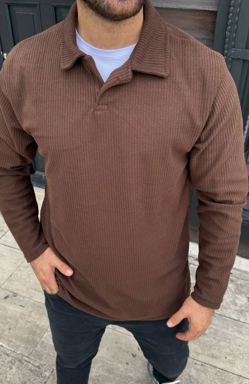 Erkek Fitilli Polar Sweatshirt – Düğmesiz Polo Yaka, Oversize Rahat Kalıp, Kalın Polar Kumaş, Kışlık ve Baharlık Şık Günlük Üst - Kahverengi Somersan Giyim | Kadın, Erkek ve Çocuk Moda