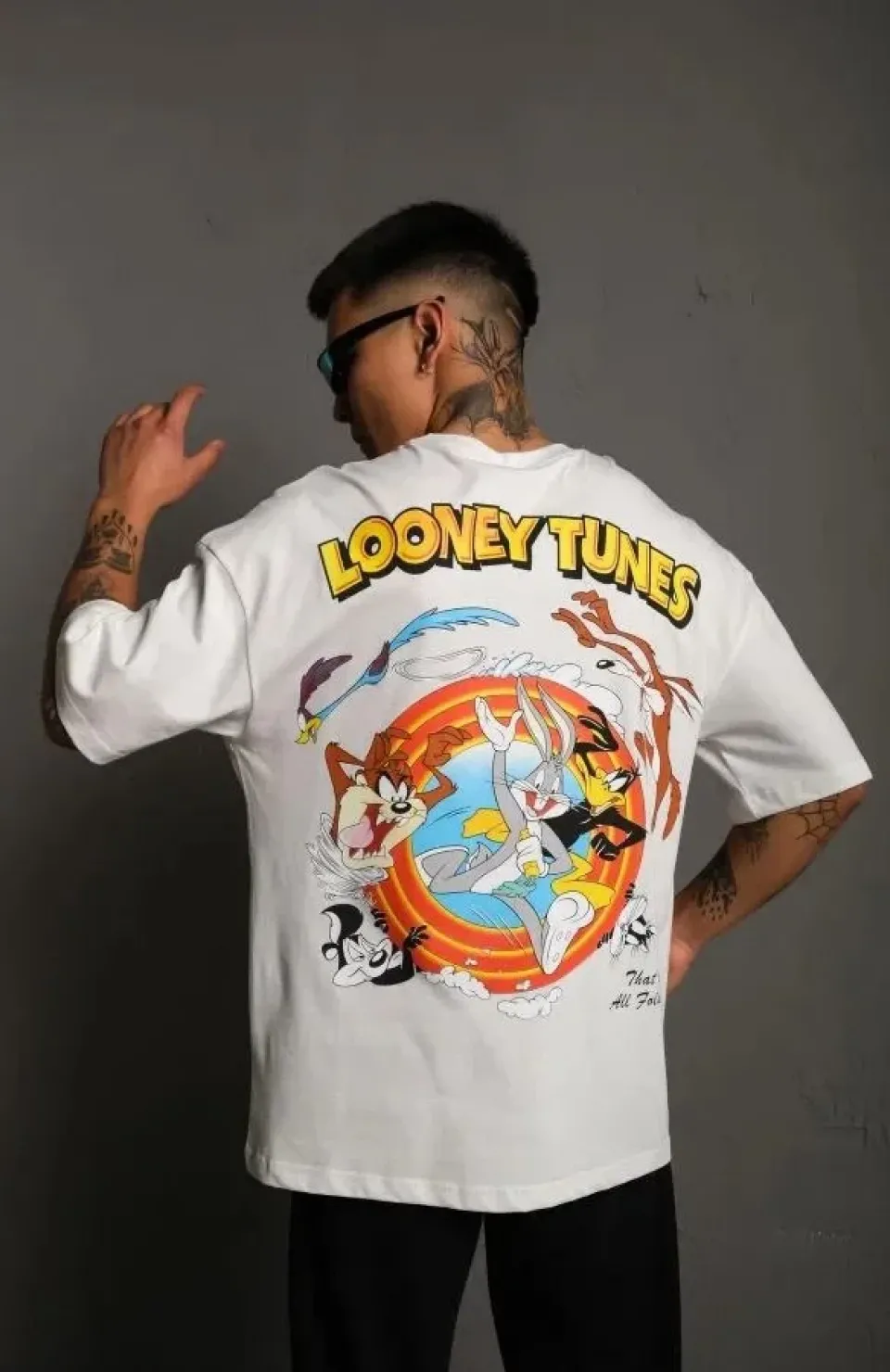 Unisex Bisiklet Yaka Baskılı Oversize T-Shirt - Beyaz