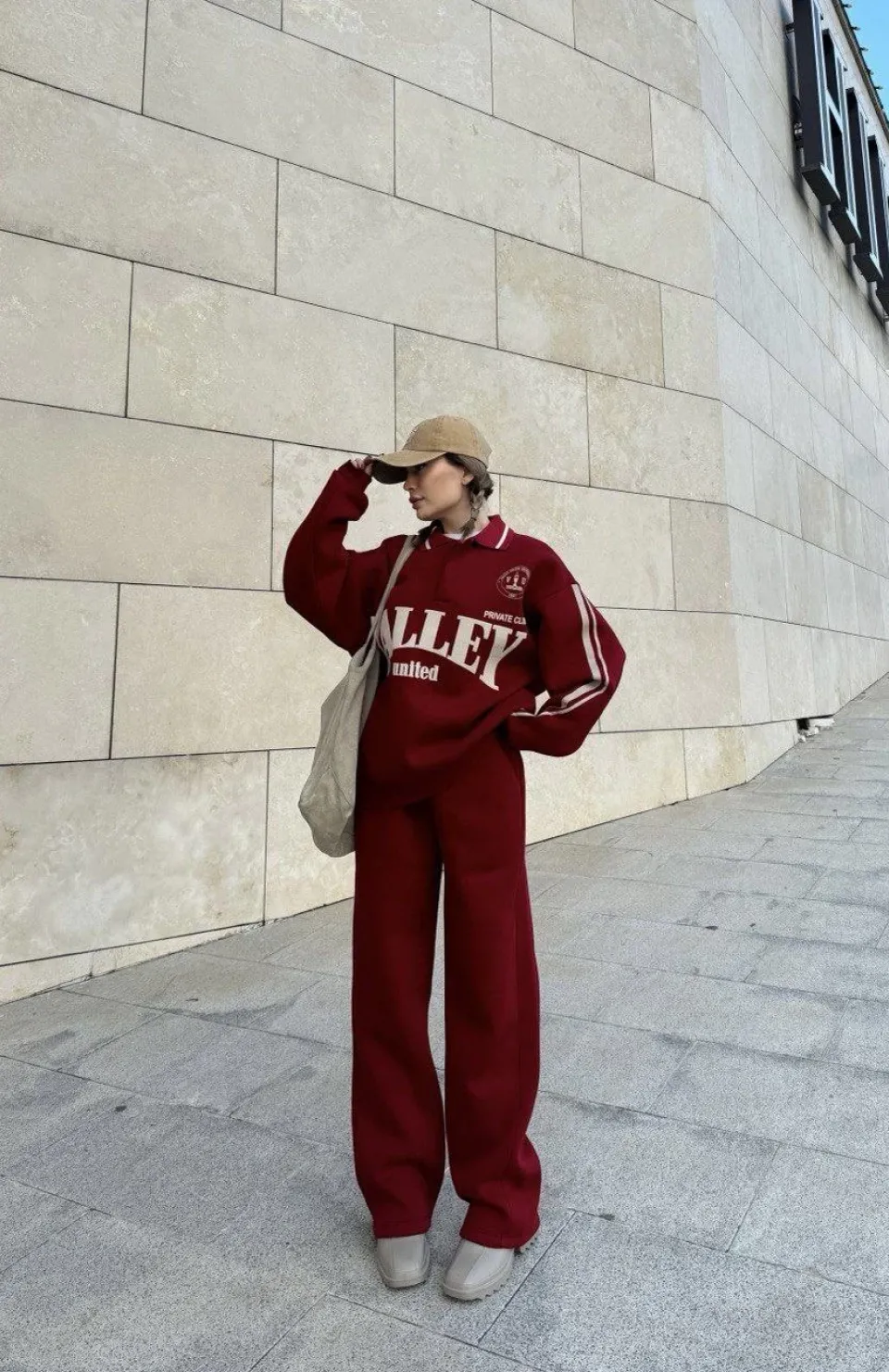 Üç İplik Yakalı Sweat Baggy Pantalonlu Takım - Bordo