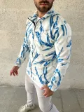 Erkek Tam Fermuarlı Desenli Polar Sweat Lightning Desen Yakalı, Uzun Kollu, Oversize Rahat Kalıp - Beyaz