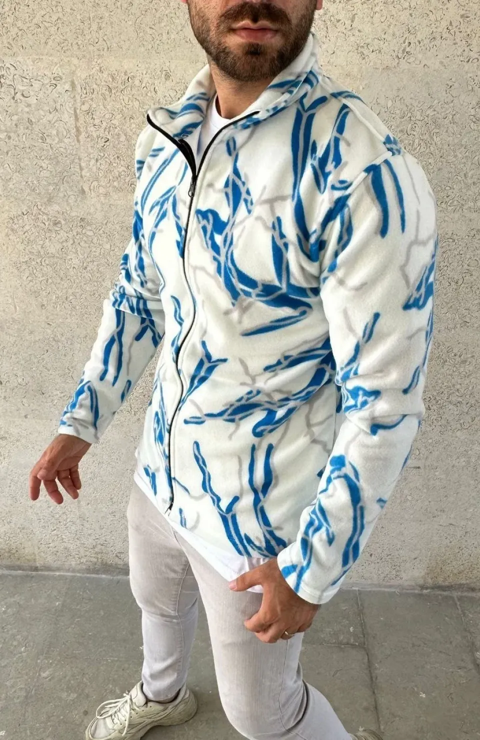 Erkek Tam Fermuarlı Desenli Polar Sweat Lightning Desen Yakalı, Uzun Kollu, Oversize Rahat Kalıp - Beyaz