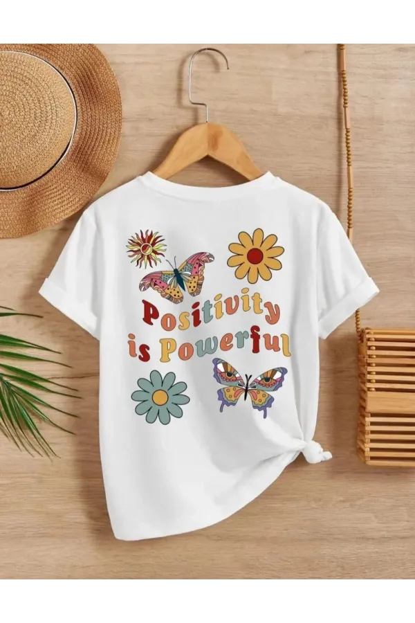 Kız Çocuk Bisiklet Yaka Baskılı T-Shirt - Beyaz