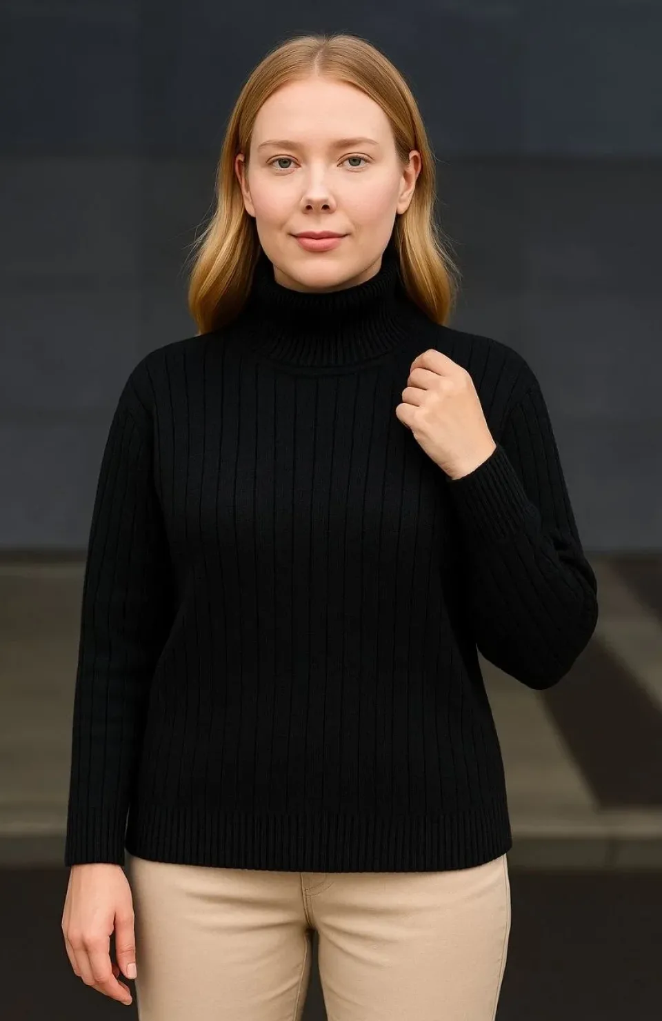 Kadın Balıkcı Yaka Bağazlı Triko Kazak Pamuklu Kalın Fitilli Dokuma - Siyah