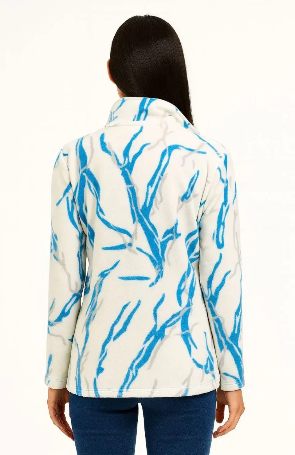 Kadın Tam Fermuarlı Desenli Polar Sweat Lightning Desen Yakalı, Uzun Kollu, Oversize Rahat Kalıp - Beyaz